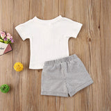 2Pcs Baby Girl Short Sleeve White Cotton T-Shirt & Striped Shorts Set