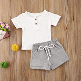 2Pcs Baby Girl Short Sleeve White Cotton T-Shirt & Striped Shorts Set