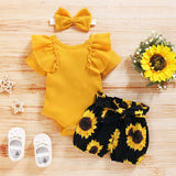 3Pc Baby Girl Short Sleeve Yellow Solid Romper With Sunflower Printed Shorts Set