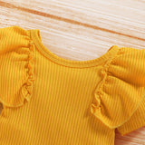 3Pc Baby Girl Short Sleeve Yellow Solid Romper With Sunflower Printed Shorts Set