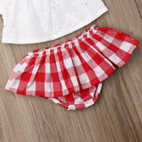 Baby Girl Off Shoulder Lace Top & Red Plaid Shorts, With Plaid Headband. 3Pc Set.