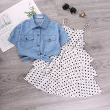 Girls Fashion Shirt & Spaghetti Strap Polka Dot Dress 2Pc Combo. (Dress Also Available As 1Pc))