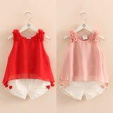 Girls Cute 2Pc Ruffle Shoulders Sleeveless Top and Shorts Set