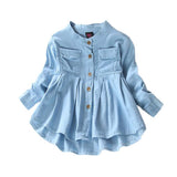 Girls Long Sleeve Mandarin Collar Denim Blouse