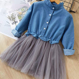 Girls Long Sleeve Denim Mesh Skirt Dress.