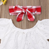 Baby Girl Off Shoulder Lace Top & Red Plaid Shorts, With Plaid Headband. 3Pc Set.