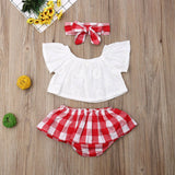 Baby Girl Off Shoulder Lace Top & Red Plaid Shorts, With Plaid Headband. 3Pc Set.