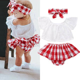 Baby Girl Off Shoulder Lace Top & Red Plaid Shorts, With Plaid Headband. 3Pc Set.