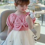 Girls New Sweet Bow Short Sleeve Top & Fluffy Mesh Skirt, 2Pc Set.