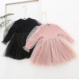 Baby Girls Mesh Cotton Dress with Long Puff Sleeves.