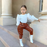 Fashion Girls Elegant Puff Sleeved, Ribbed Blouse & PU Leather Pants with Belt Set