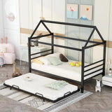 Kids Twin Size House Shaped Metal Platform Bed With Trundle