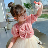 Girls New Sweet Bow Short Sleeve Top & Fluffy Mesh Skirt, 2Pc Set.