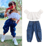 Fashion Girls 2Pc Summer Outfit. Puff Sleeve Off Shoulder Top & Blue Jeans Set