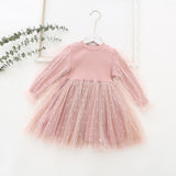 Baby Girls Mesh Cotton Dress with Long Puff Sleeves.