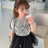 Girls New Sweet Bow Short Sleeve Top & Fluffy Mesh Skirt, 2Pc Set.