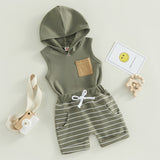 Boys 2PC Sleeveless Hooded Tank Top & Striped Shorts Sets