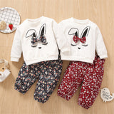 Baby Girls 2Pc Cotton Long-sleeve Cartoon Rabbit Print Sweatshirt and Floral Print Pants Set