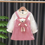 Girls Pocket Pet Overall Dress With Puff Long Sleeve. Ages 12M-7Yrs