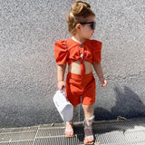 Girls Two Piece Short Puff Sleeves Tie Up Shirt & Shorts Summer Set