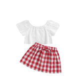 Baby Girl Off Shoulder Lace Top & Red Plaid Shorts, With Plaid Headband. 3Pc Set.