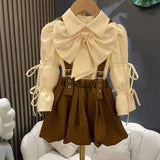 Girls Chic and Fashionable Princess Sleeve Shirt and Suspender Shorts Set