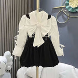 Girls Chic and Fashionable Princess Sleeve Shirt and Suspender Shorts Set