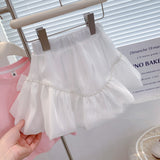 Girls Modern Princess 2Pc Puff Sleeve Top & Puff Skirt Set. Adorned With Bow and Streamer Pearl Shoulder accents.