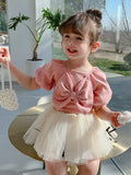 Girls New Sweet Bow Short Sleeve Top & Fluffy Mesh Skirt, 2Pc Set.