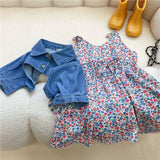 Girls Denim Shawl Top & Floral Summer Dress Sets.