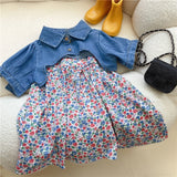 Girls Denim Shawl Top & Floral Summer Dress Sets.