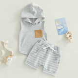 Boys 2PC Sleeveless Hooded Tank Top & Striped Shorts Sets