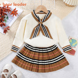 Girls Stylish Two Piece Stripe Knitted Sweater and Pleated Skirt Set