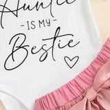 Baby Girl Stylish "Auntie Is My Bestie" Printed Bodysuit, Headband & Pink Skirt Set