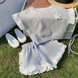 Girls Adorable 2Pc Grey Lace Trimmed T-shirt & Shorts Set. Ages 3T-7Yrs