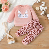 Baby Girl 2Pc Animal Embroidered Long-sleeve Fuzzy Sweatshirt and Leopard Pants Set