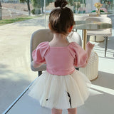 Girls New Sweet Bow Short Sleeve Top & Fluffy Mesh Skirt, 2Pc Set.