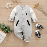 Baby Boy Letter Embroidered Spliced Long-sleeve Sporty Jumpsuit